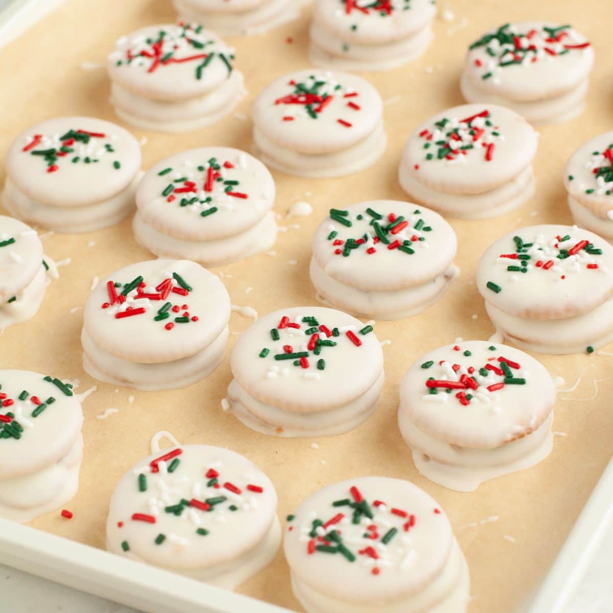 Baking pan with chocolate covered Ritz crackers.