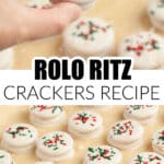 Hand holding a white chocolate covered Ritz crackers.