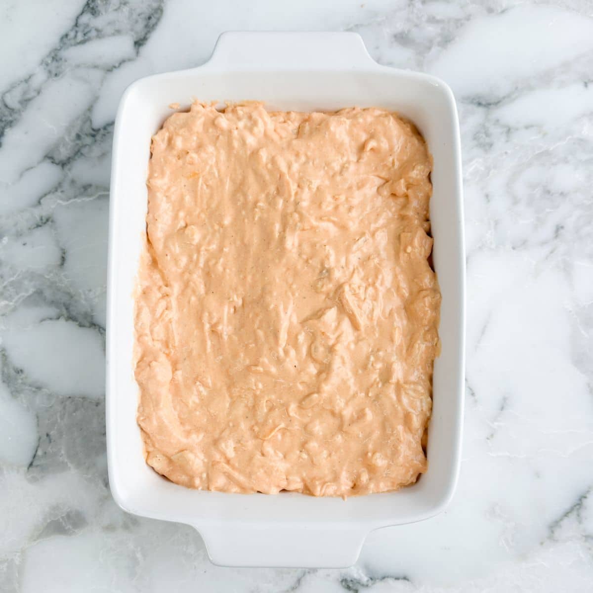 Casserole dish with buffalo chicken dip.