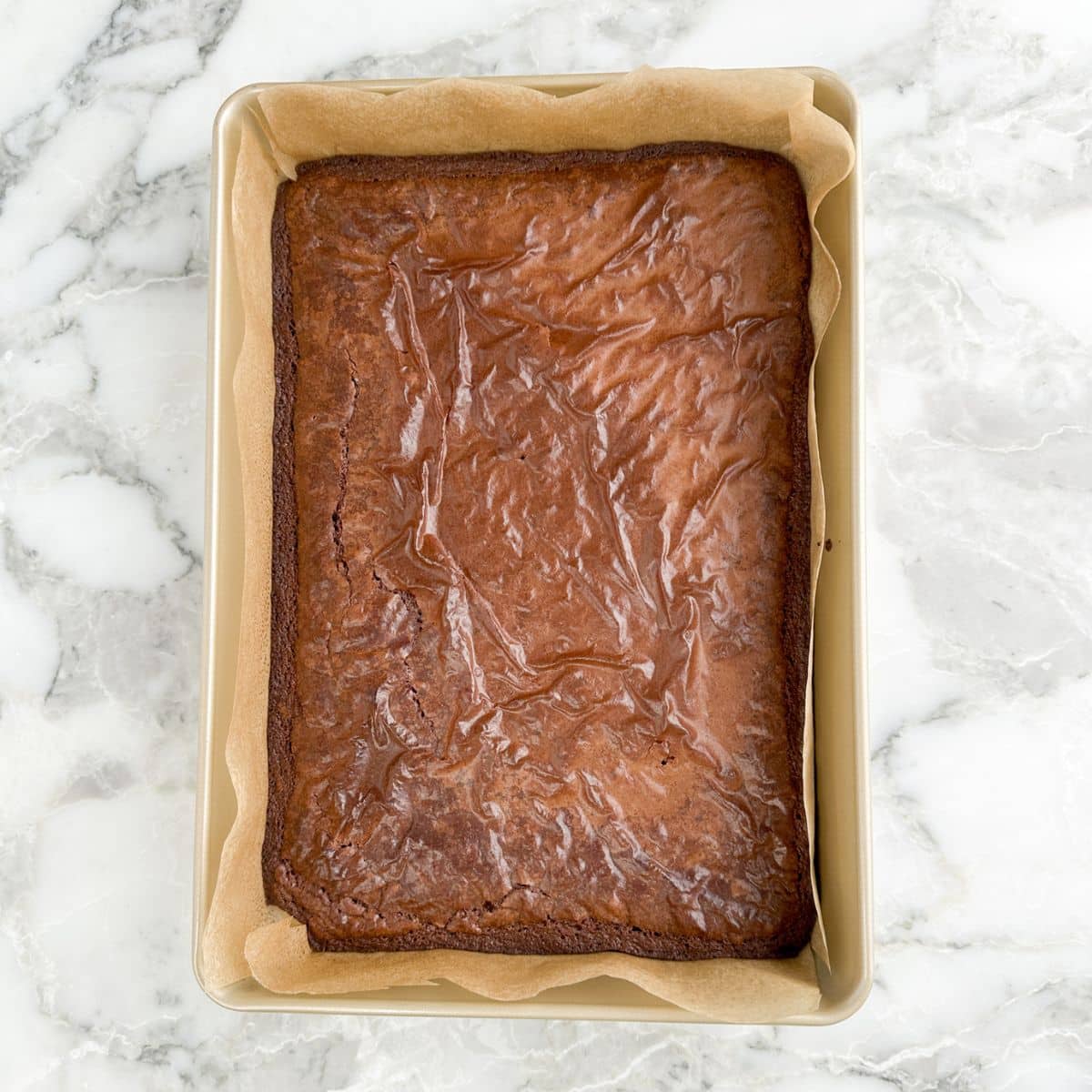 Baked brownies in a pan. 