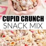 Baking pan with cupid crunch snack mix.