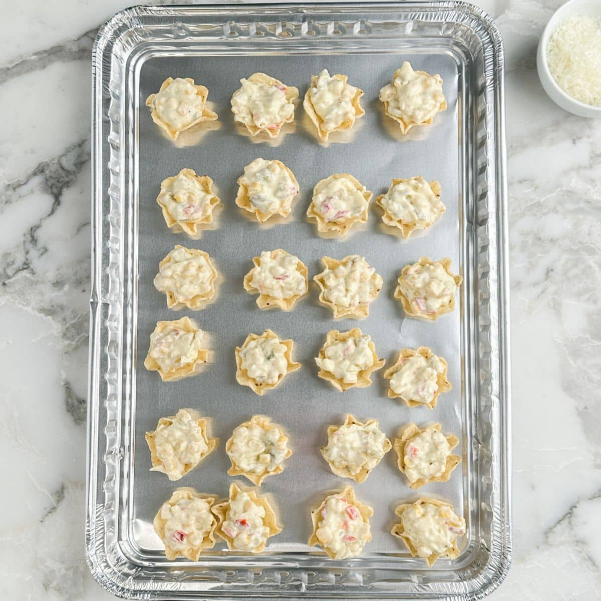Baking pan with Iowa corn bites.