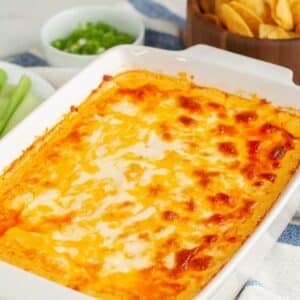 Dish with rotisserie chicken buffalo dip.