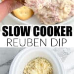 Bread with reuben dip and slow cooker with reuben dip ingredients.