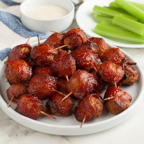 Plate of bacon wrapped meatballs.