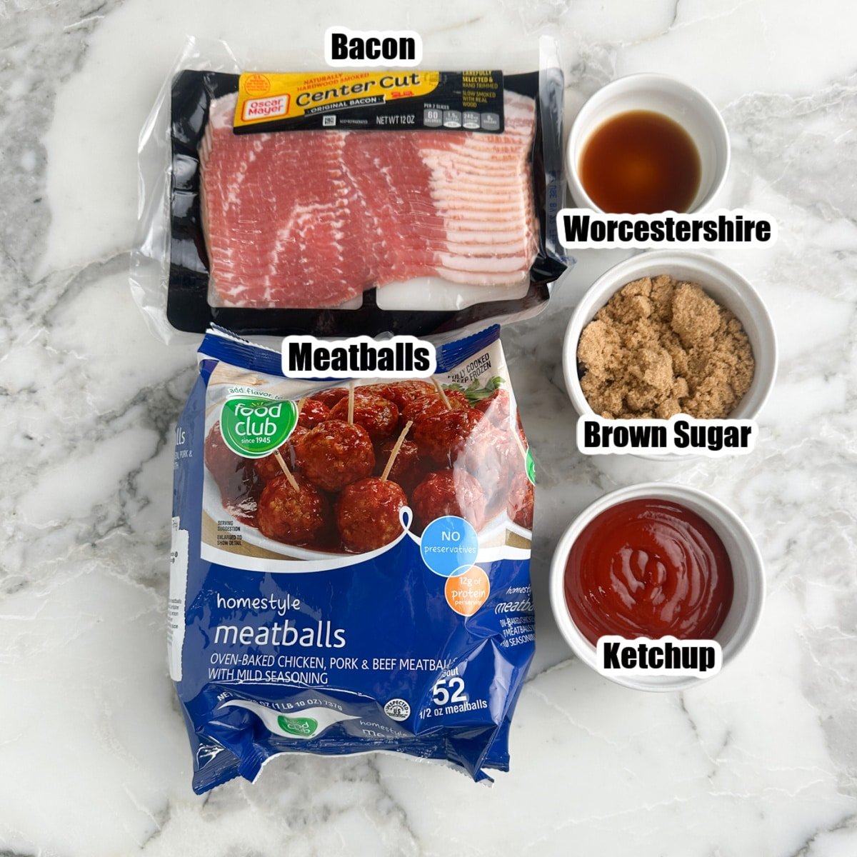 Bag of frozen meatballs, bacon, bowl of brown sugar, ketchup, and worcestershire. 