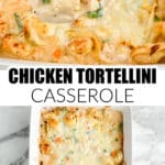 Baking dish with chicken tortellini casserole.