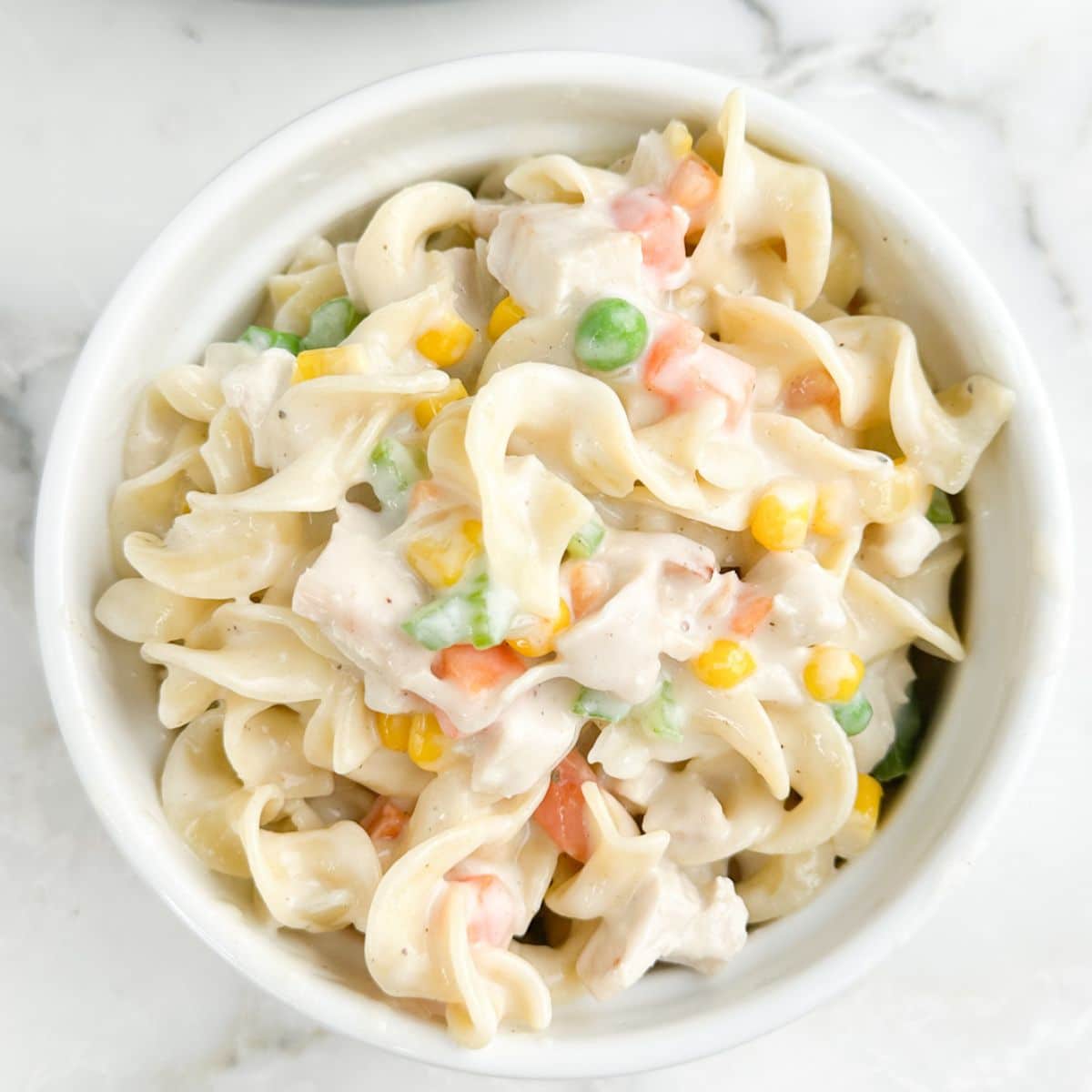 Bowl of chicken pot pie pasta.