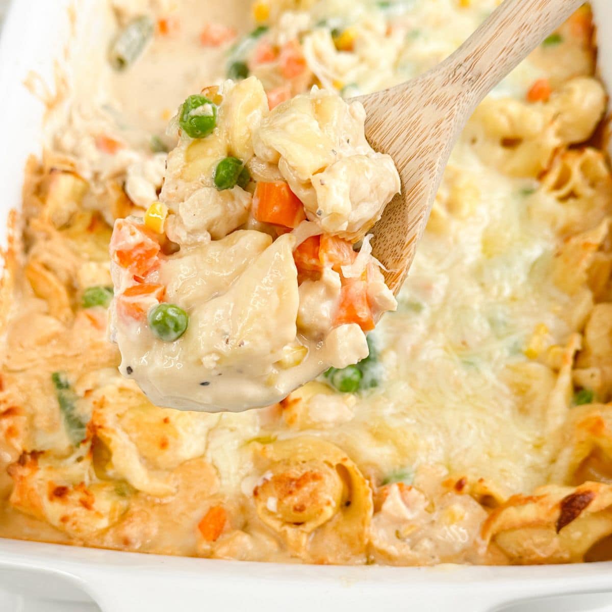 Wooden spoon with chicken tortellini casserole. 