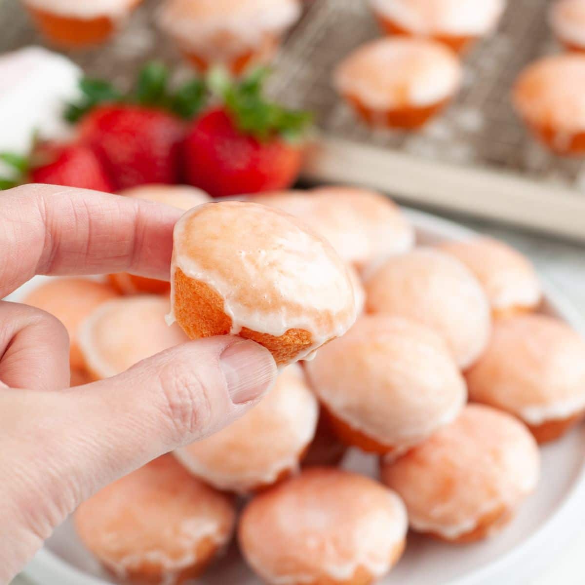 Hand holding a mini strawberry cake. 