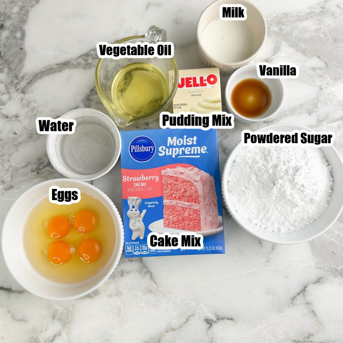 Box of cake mix, pudding mix, bowl of powdered sugar, eggs, oil, milk, and vanilla. 