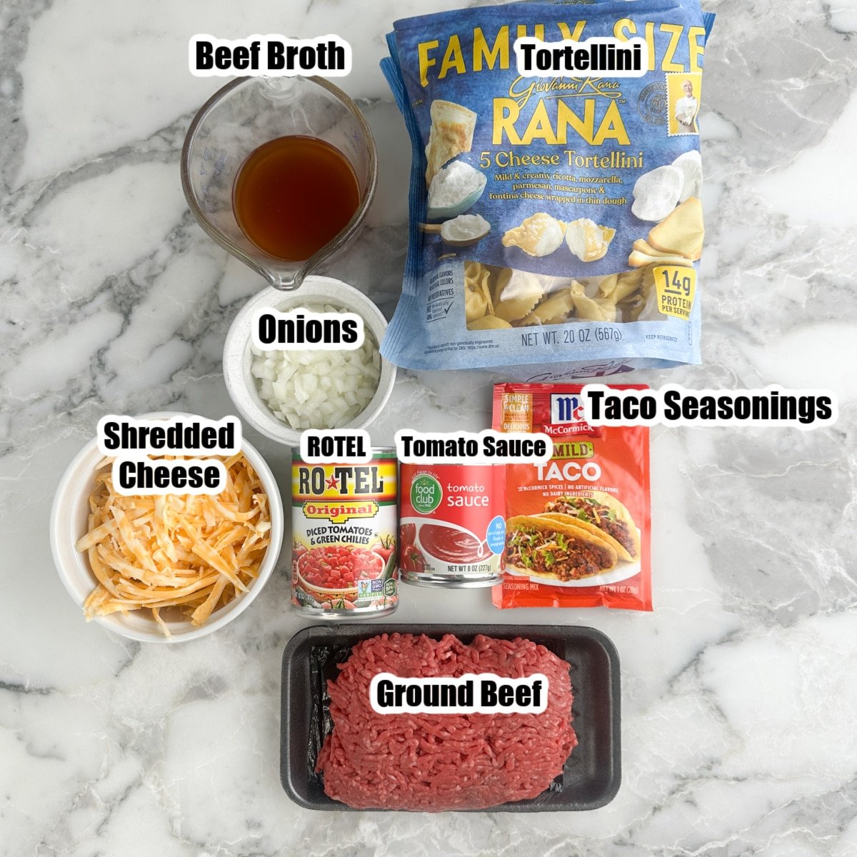 Ground beef, tortellini, shredded cheese, broth, onions, seasonings, Rotel, and tomato sauce.