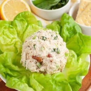 A scoop of lemon basil chicken salad on a bed of lettuce.