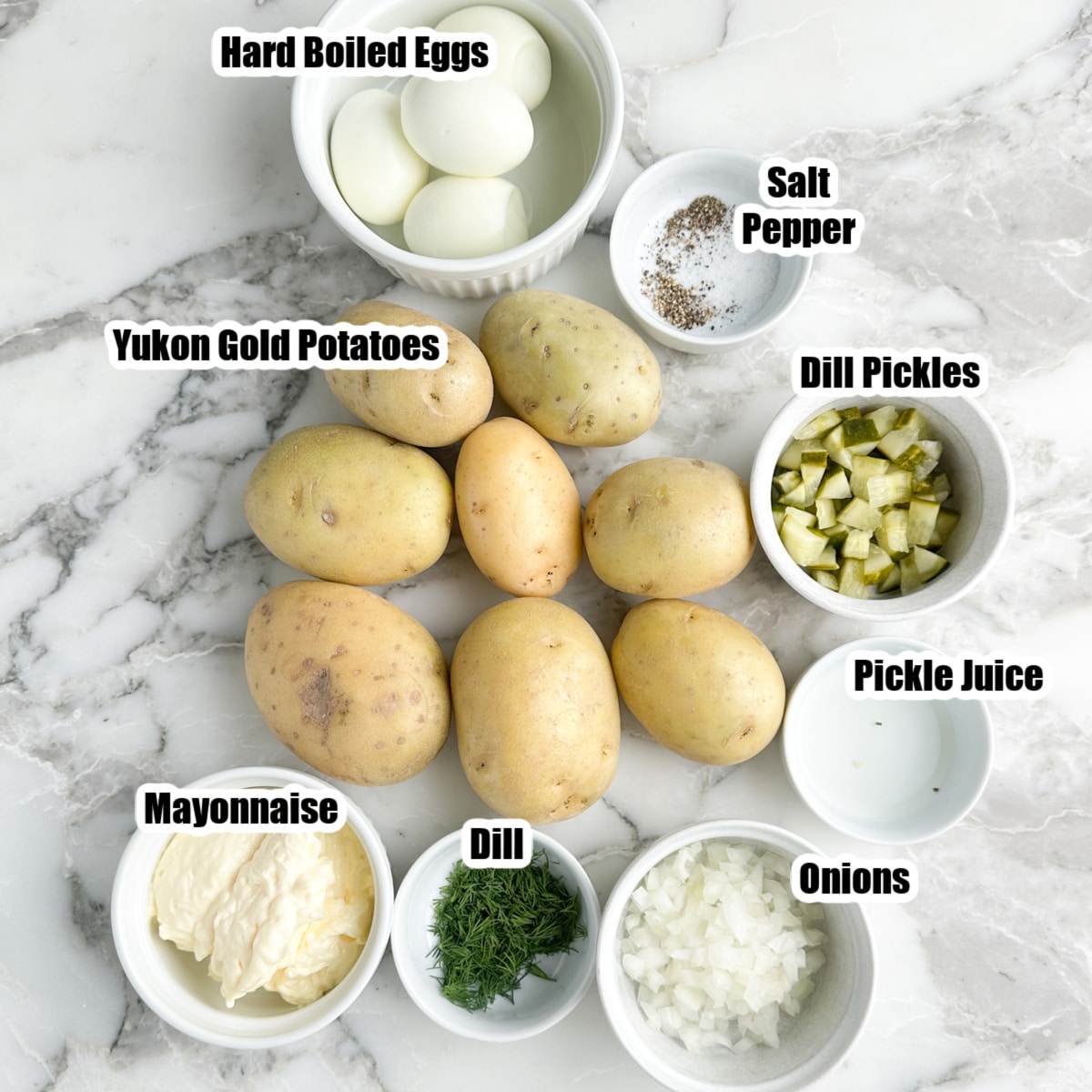 Potatoes, hard boiled eggs, pickles, mayonnaise, diced onions, fresh dill. 