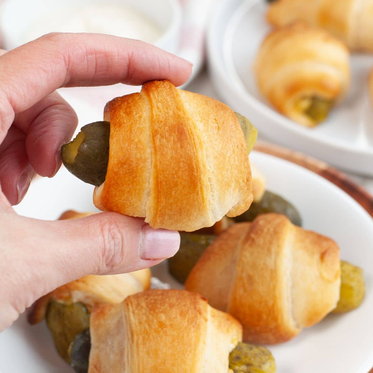 Hand holding a pickles in a blanket. 