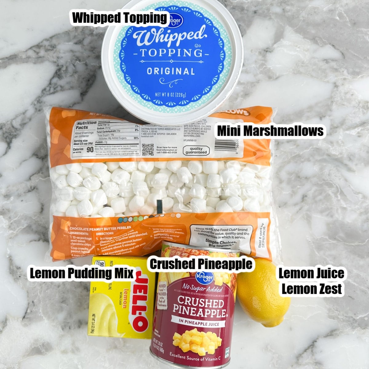Whipped topping, mini marshmallows, lemon pudding mix, and crushed pineapple.