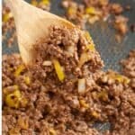 Wooden spoon with mississippi sloppy joe meat.