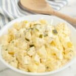 Bowl of dill pickle potato salad.