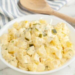 Bowl of dill pickle potato salad.