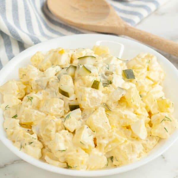 Bowl of dill pickle potato salad.