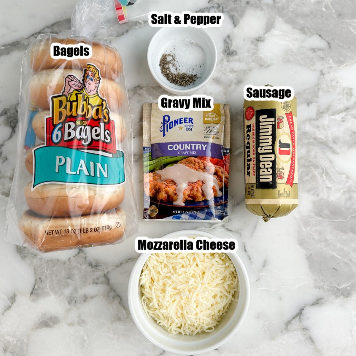 Plain bagels, gravy mix, sausage, shredded cheese, salt, and pepper.