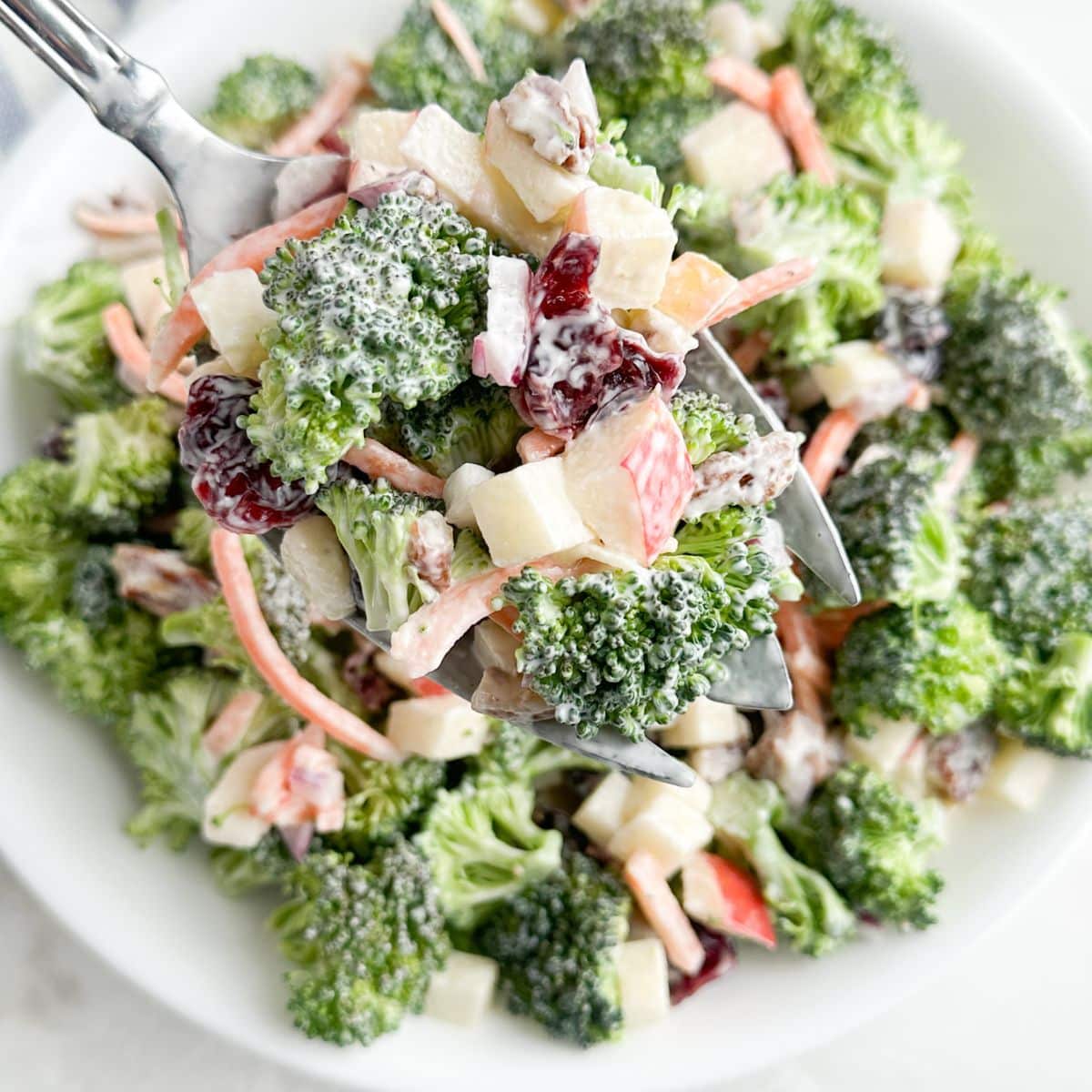 Bowl of broccoli salad. 