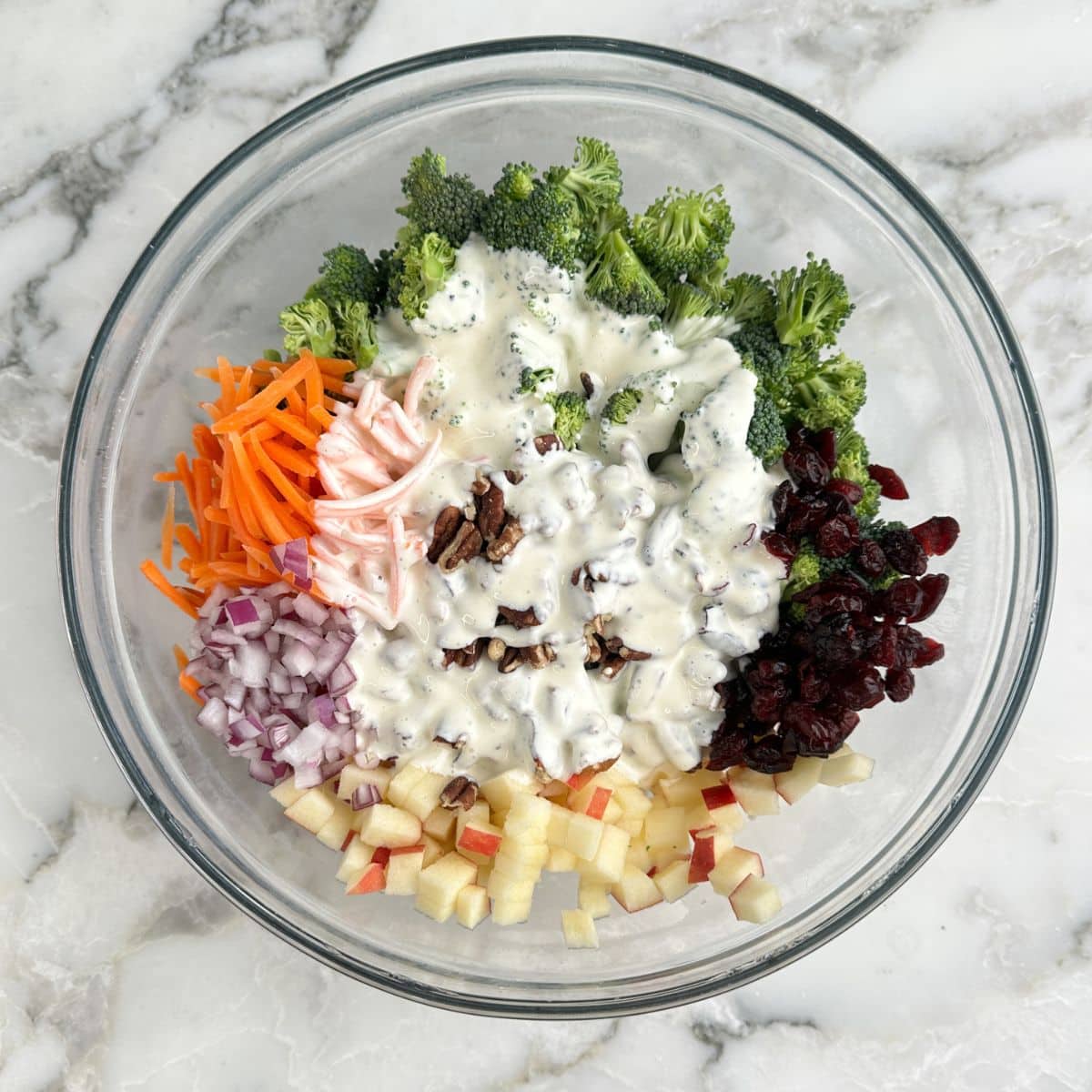 Bowl of broccoli salad. 