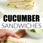 Hand holding a cucumber sandwich.