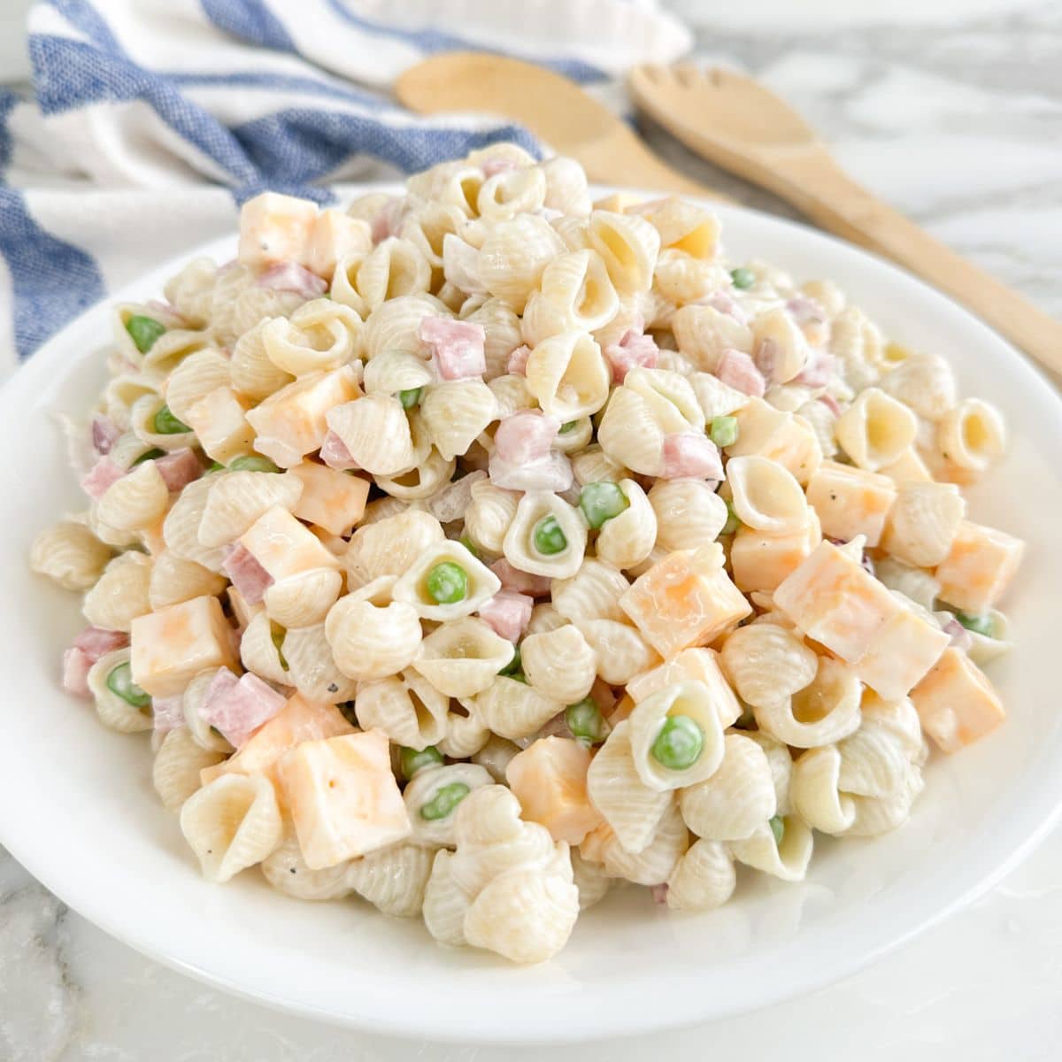 Bowl of ham and cheese pasta salad. 
