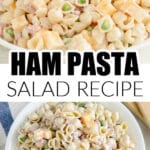 Bowl of ham pasta salad.
