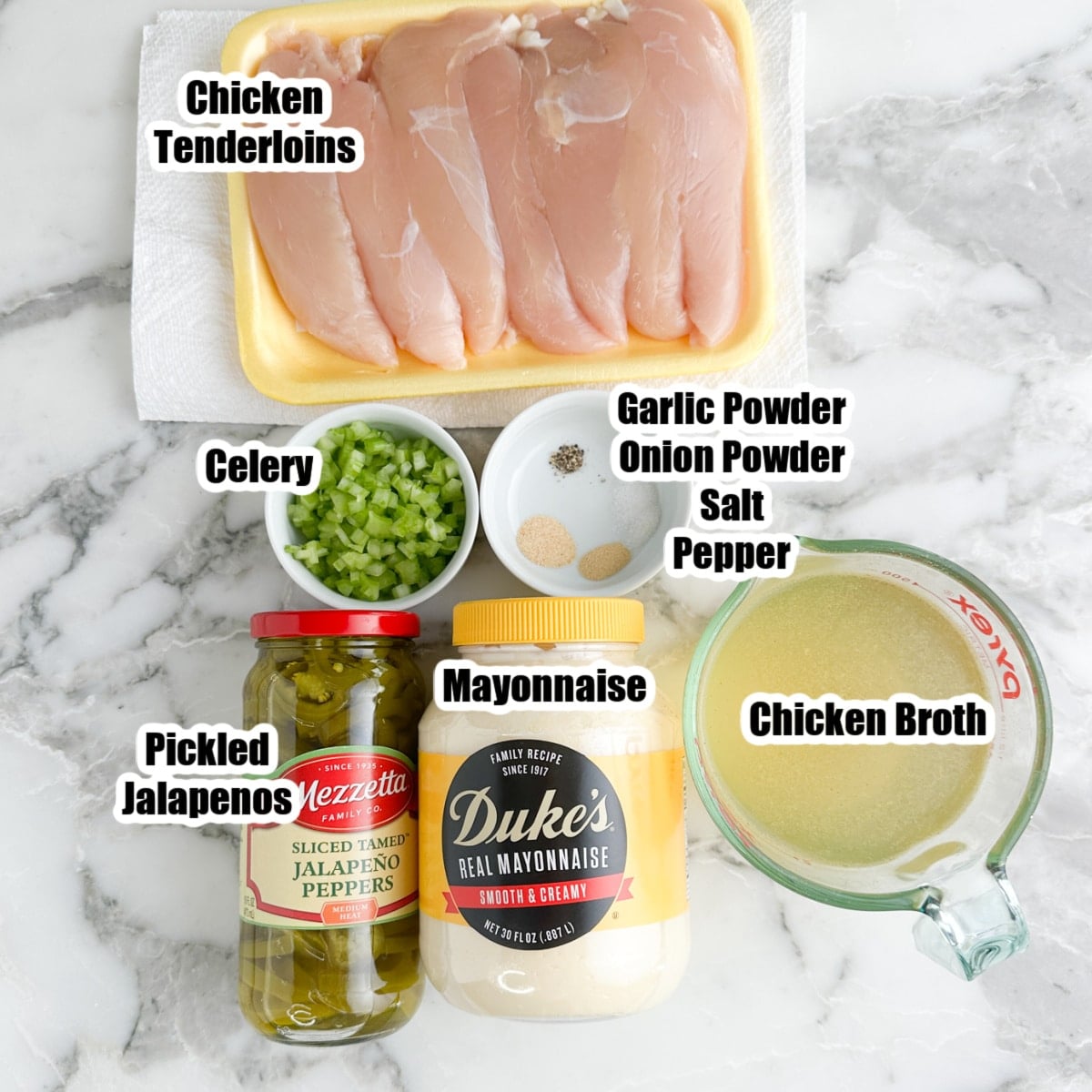 Chicken tenderloins, diced celery, broth, mayonnaise, jalapenos, and seasonings. 
