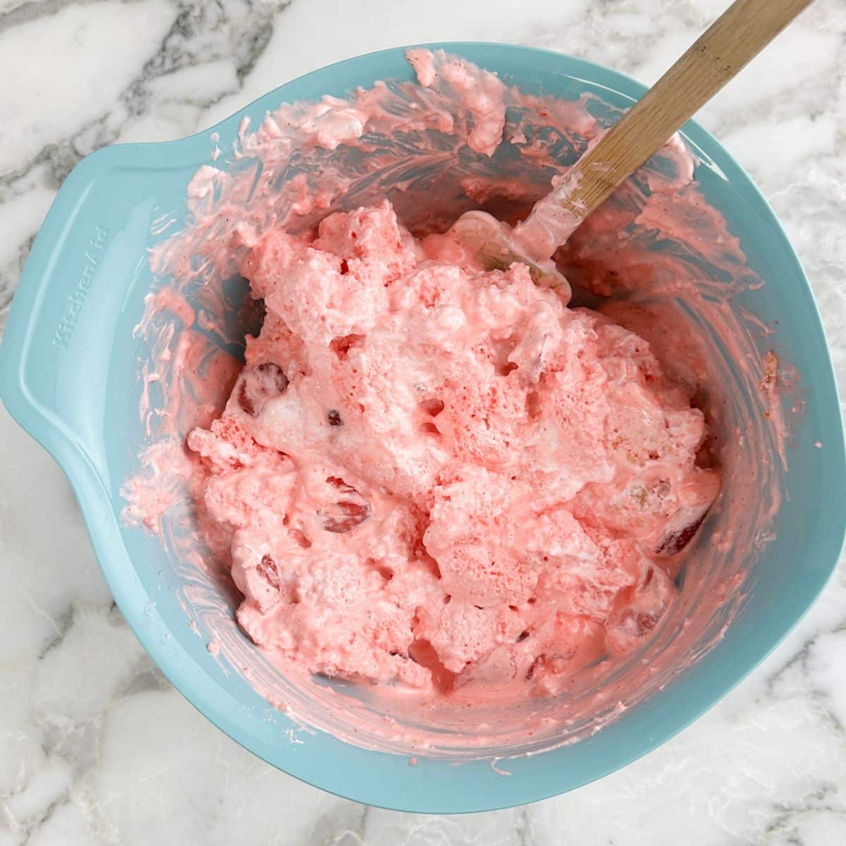 Bowl of strawberry cream and angel food cake. 