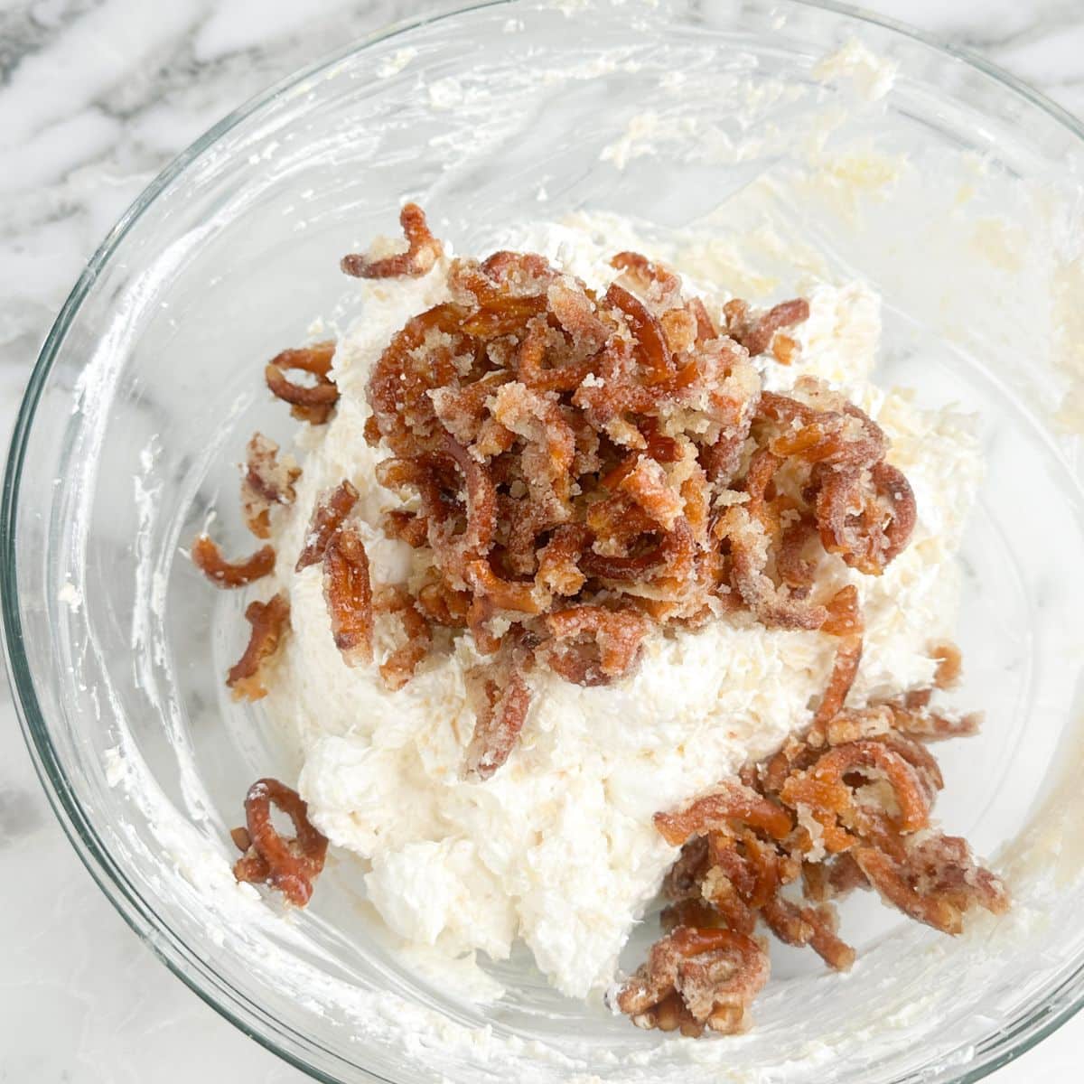 Bowl of pineapple pretzel fluff. 