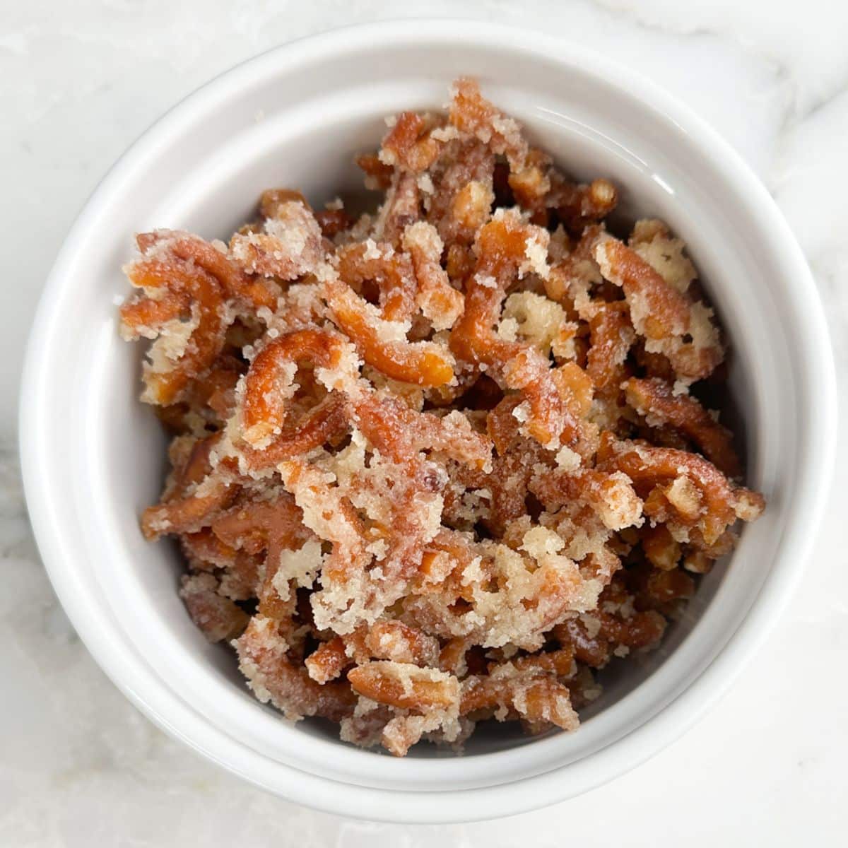 Bowl of sugared pretzels. 