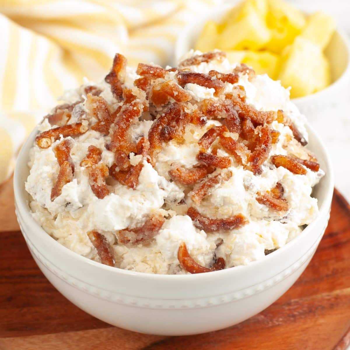 Bowl of pineapple pretzel fluff. 
