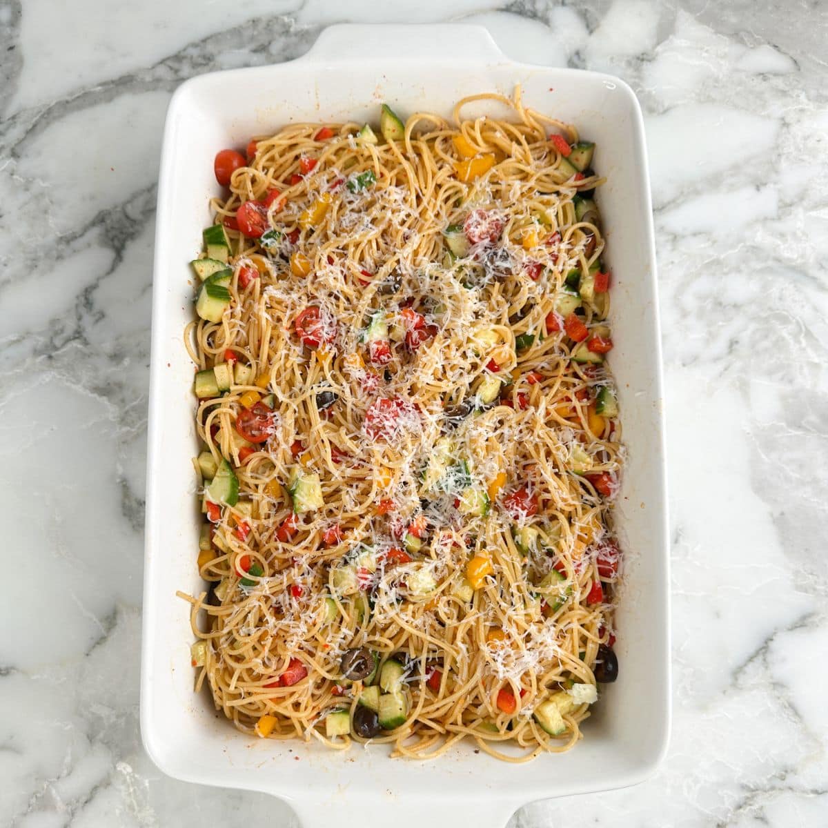 Casserole dish with spaghetti salad. 