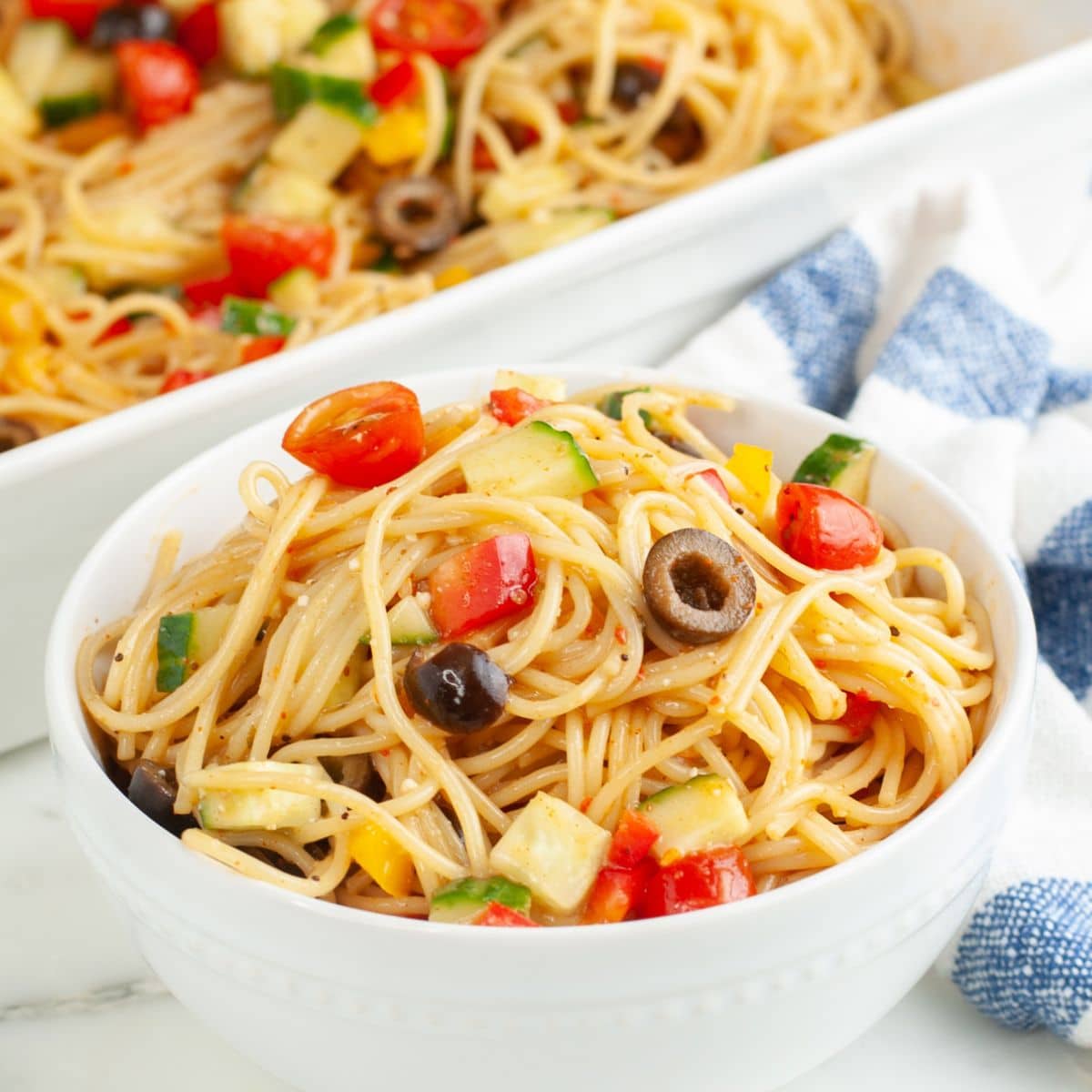 Bowl of spaghetti salad. 