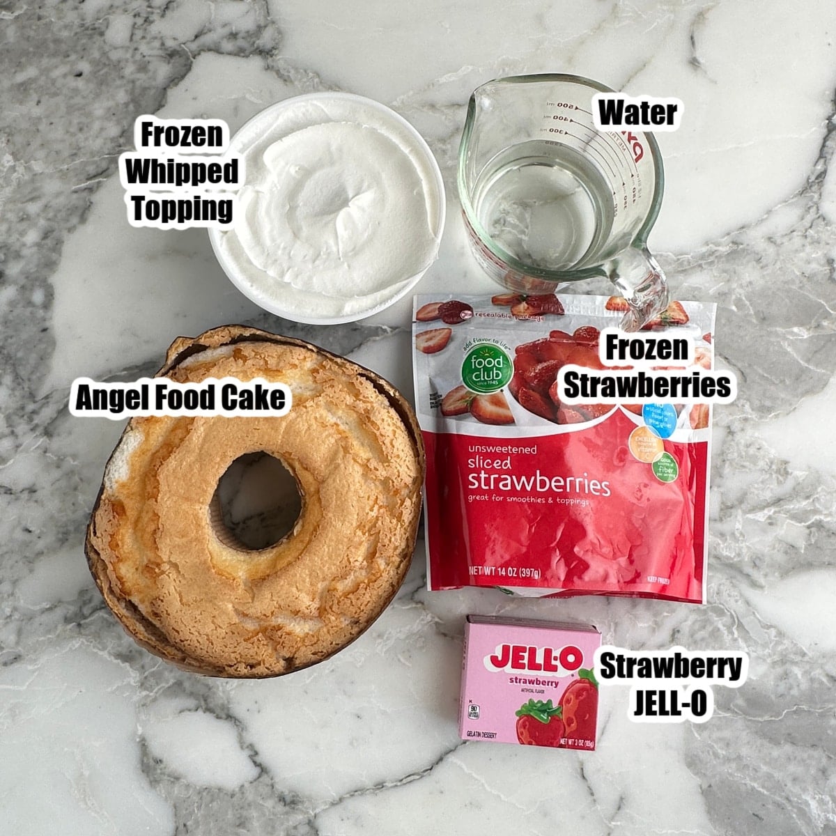 Angel food cake, whipped topping, frozen strawberries, box of strawberry JELL-O.