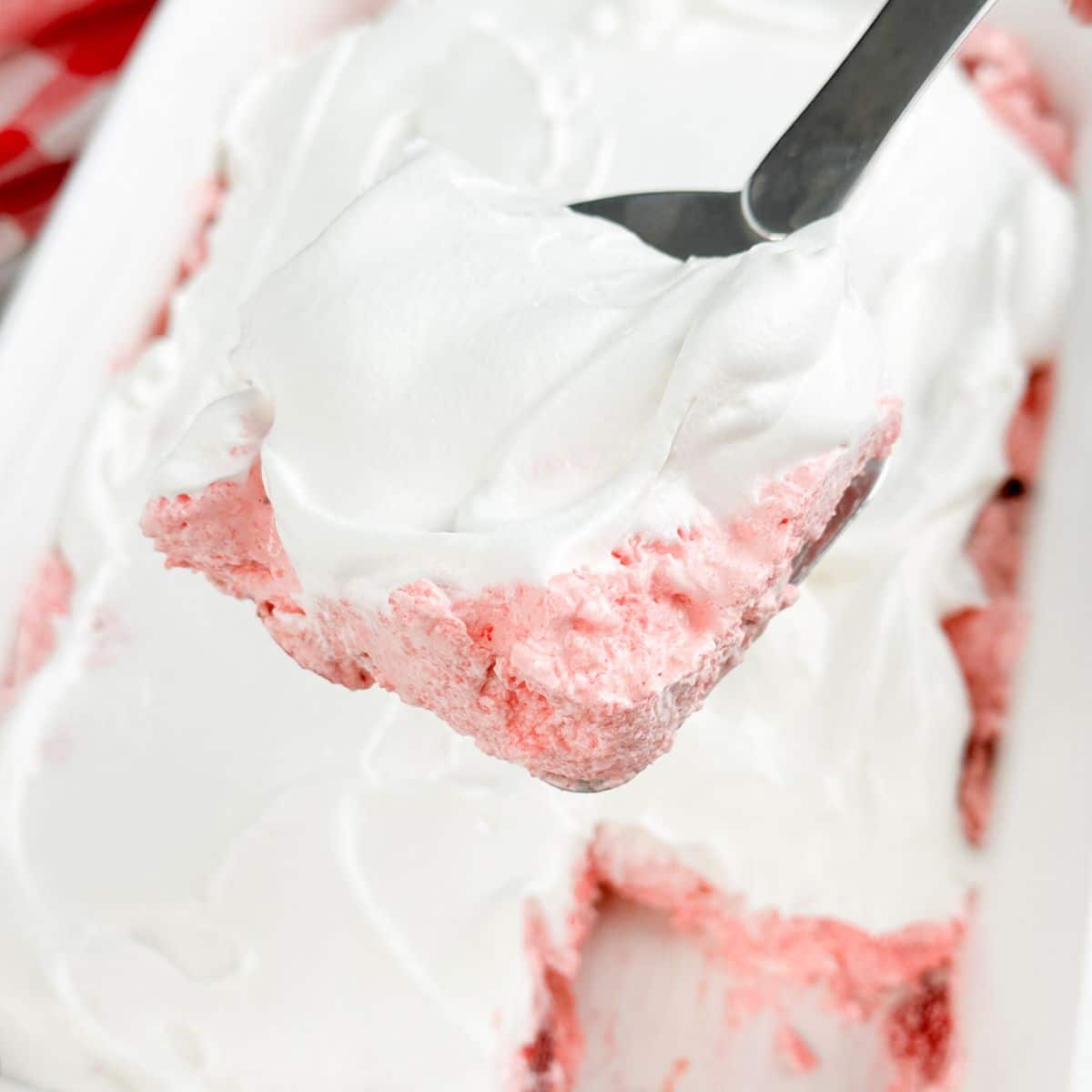 Piece of strawberry angel food cake on a spatula. 