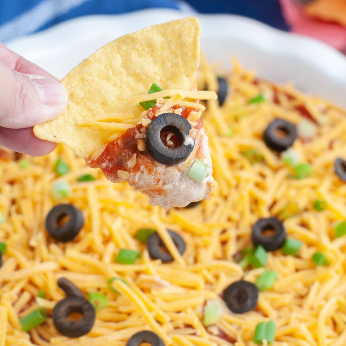 5 Layer dip on a tortilla chip.