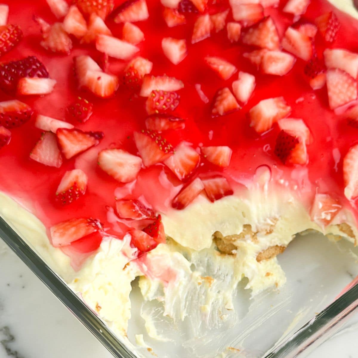 Strawberry delight in a baking dish. 