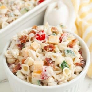 Bowl of bacon ranch pasta salad.