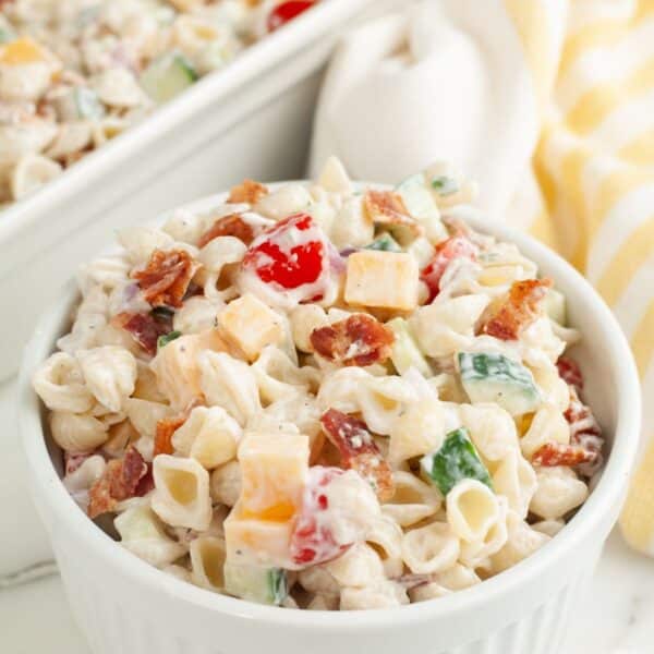 Bowl of bacon ranch pasta salad.