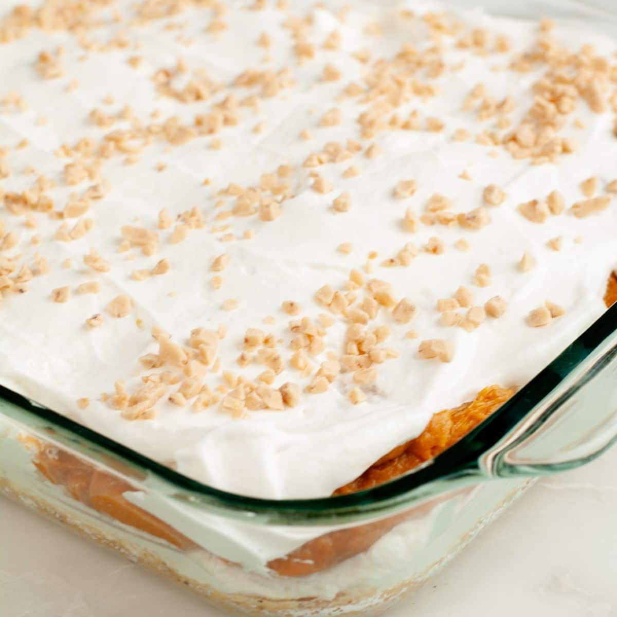 Baking dish with butterscotch delight.