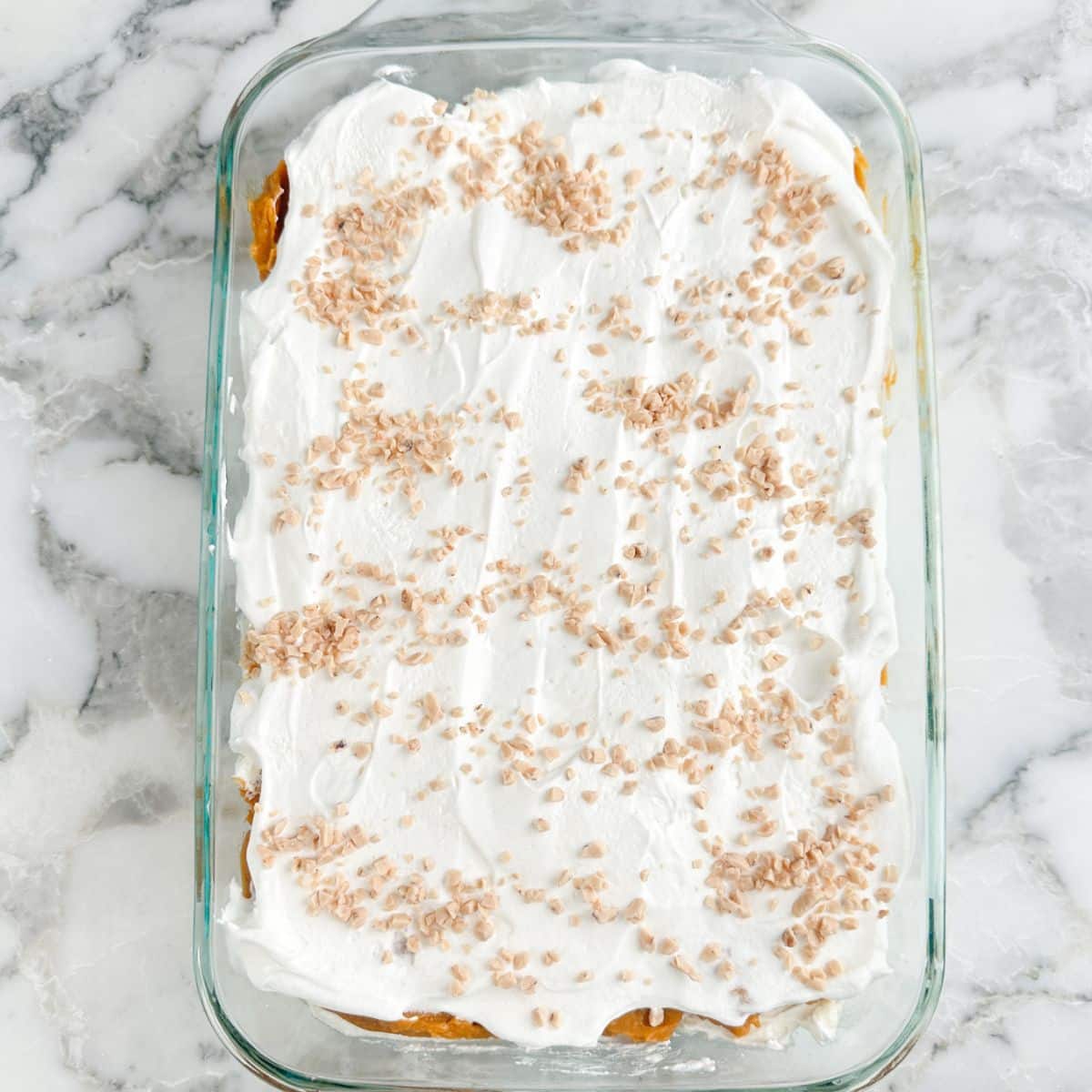 Baking dish with butterscotch delight.