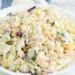 Bowl of coleslaw pasta salad.