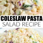 Bowl of coleslaw pasta salad.