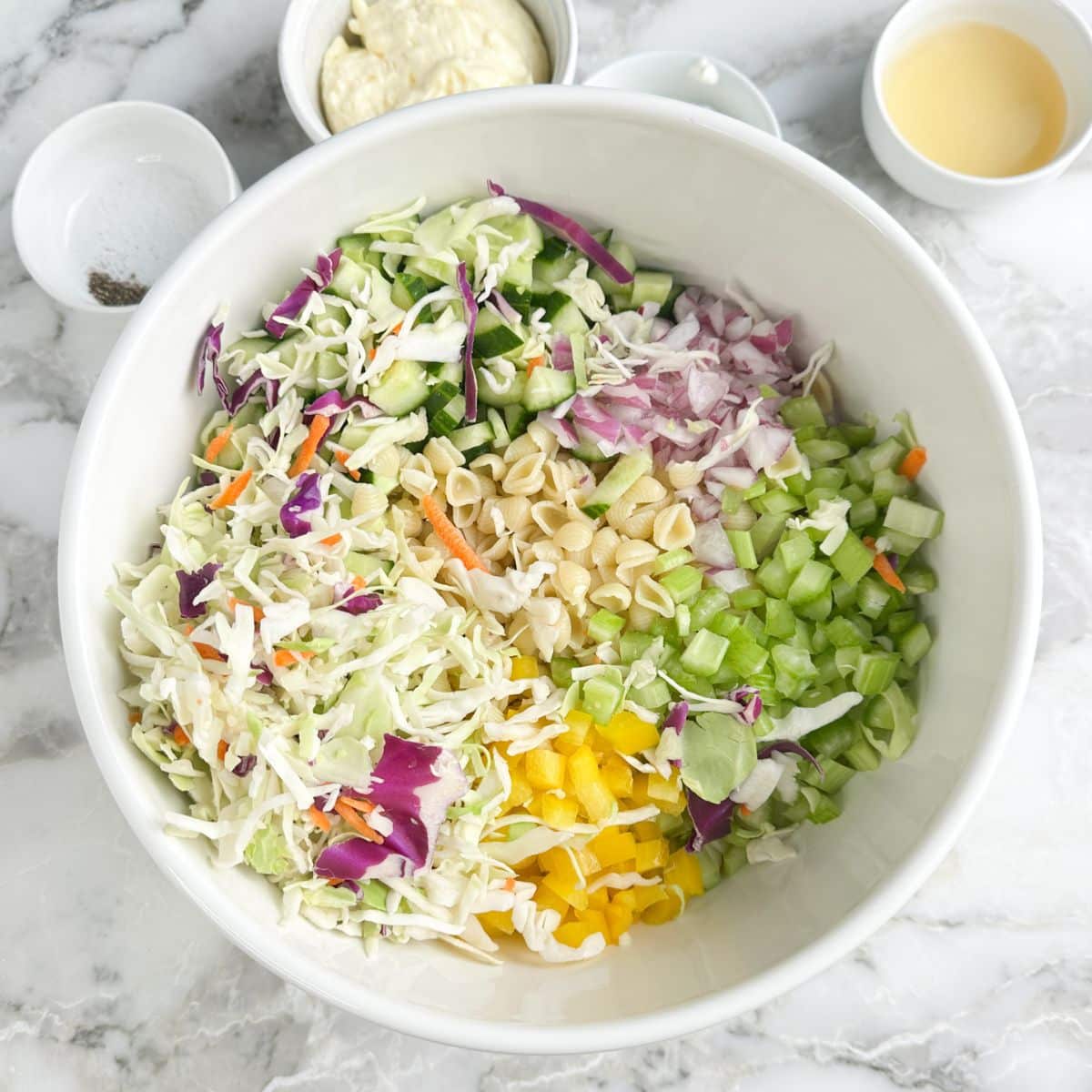 Bowl of pasta, diced cucumber, celery, pepper, red onions, and coleslaw. 
