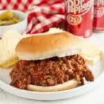 Dr. Pepper sloppy joe sandwich on a plate.