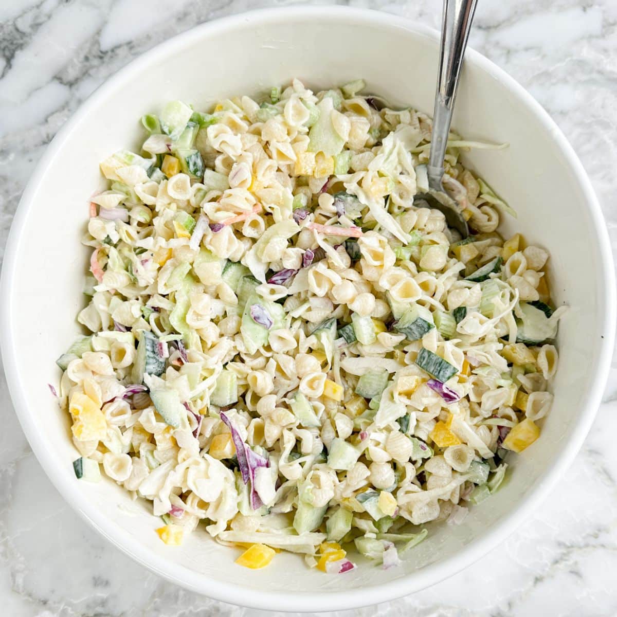 Bowl of pasta salad with coleslaw. 